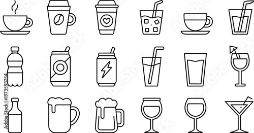  Beverage and drink outline icon set, coffee, tea, juice, soda, beer, wine, cocktail, cups and glasses vector illustration pack