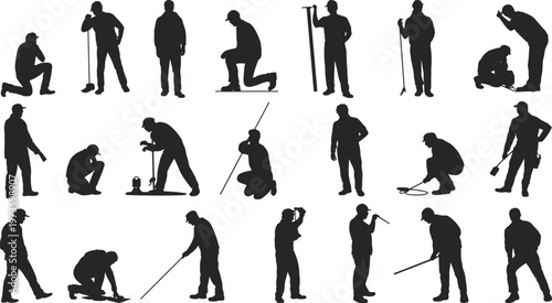 Construction worker silhouette set, laborer poses collection, manual work, tools, drilling, measuring, repairing, building site workers vector illustration pack