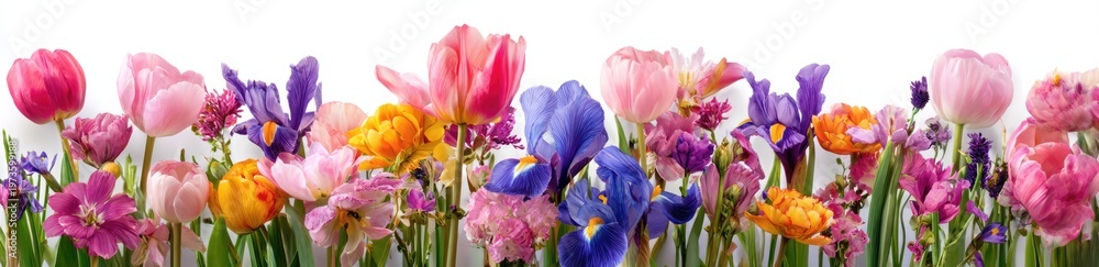 Obraz premium Vibrant Spring Garden Panorama with Tulips and Irises in Full Bloom.