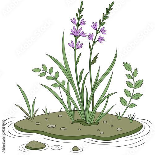 A detailed botanical illustration depicts vibrant purple loosestrife plants growing amidst green foliage and a watery habitat high quality professional