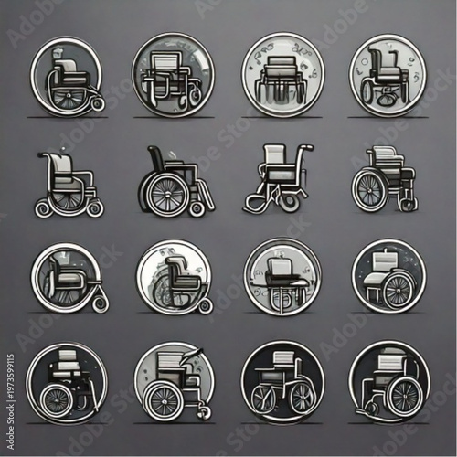 Collection of wheelchair icons on a dark background.