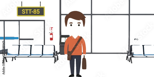 Young man waits in an airport terminal for his departure.