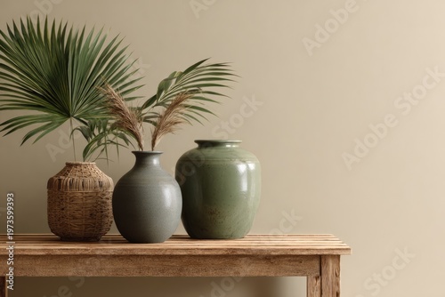 Minimalist Home Decor with Natural Elements on Wooden Table.