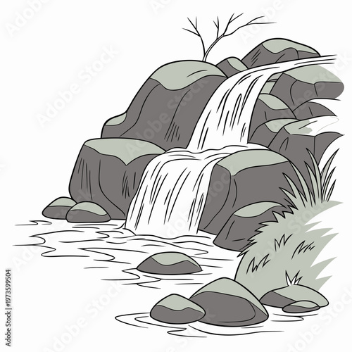 A stylized illustration depicts a small waterfall cascading over gray rocks into a flowing stream surrounded by sparse vegetation