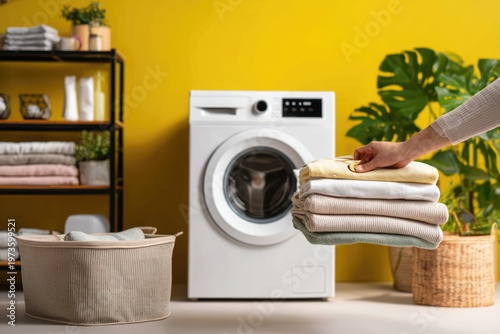 Woman loading clean folded laundry into a washing machine.