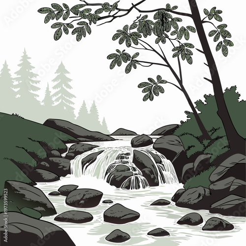 A serene landscape depicts a cascading waterfall flowing over dark rocks framed by lush green foliage and misty mountains