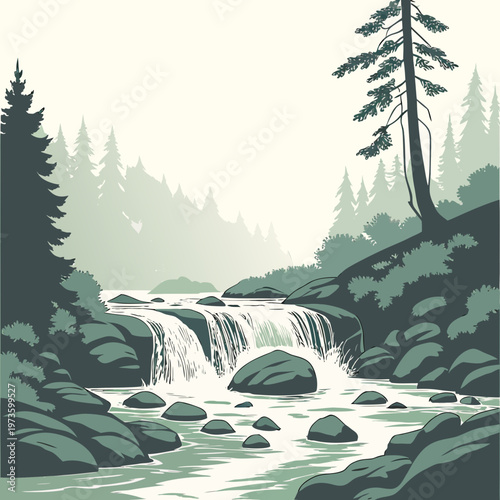 A vintage style illustration depicts a serene river cascading down a rocky waterfall amidst lush evergreen forest scenery high quality