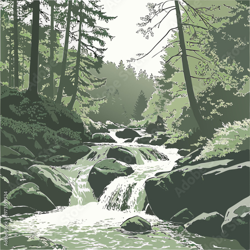 A serene illustration depicts a lush forest landscape with a flowing stream winding through rocky terrain and dense vegetation