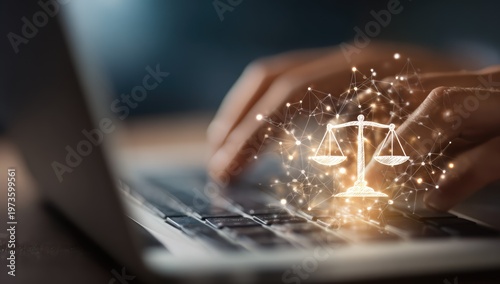 Digital Law and Justice Concept with Scales of Justice Icon on Laptop Keyboard.