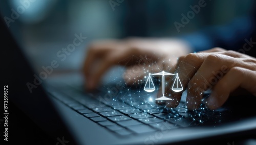 Digital Law and Justice Symbol on Laptop Keyboard.