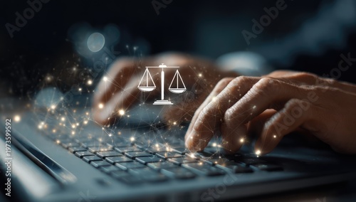 Digital Justice Concept Symbolizing Law and Technology Intertwined.