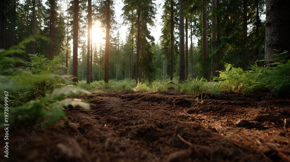 Fototapeta premium A sun drenched dirt trail winds through a lush densely forested clearing capturing the tranquil beauty of nature