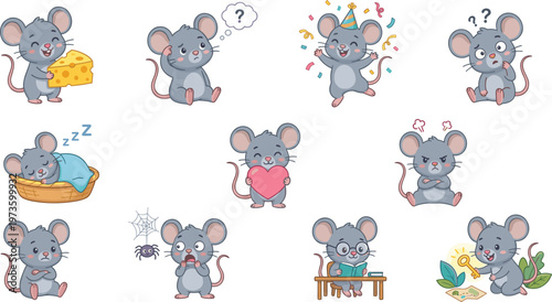Flat vector illustration set of cute mouse character emojis with various expressions including happy sad angry and sleeping for mobile stickers and children design