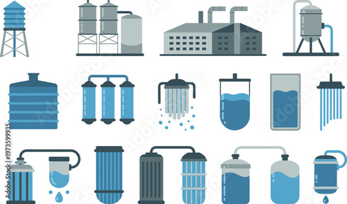 Water treatment and filtration system icon set, purification equipment, tanks, filters, industrial plant, clean water process vector illustration collection pack