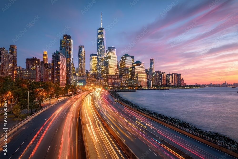 Fototapeta premium New York City Skyline at Dusk with Light Trails on Highway.