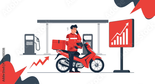 Delivery rider on motorcycle at gas station with rising fuel prices graph
