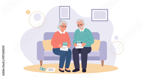 Elderly Couple Sitting on Sofa Holding Envelopes with Money, Receiving Mail