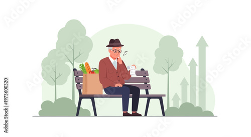 Elderly Man Coughing on Park Bench with Groceries and Rising Arrows Symbolizing Inflation
