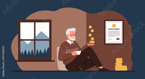 Elderly Man Enjoying Coffee in Cozy Room with Investment Certificate and Coins
