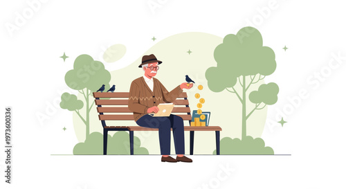 Elderly Man Feeding Birds on Park Bench with Coins