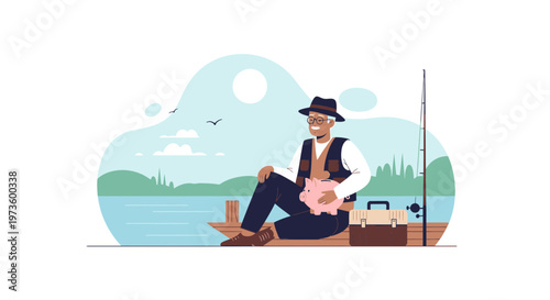 Elderly man fishing, holding piggy bank, enjoying retirement lifestyle by lake