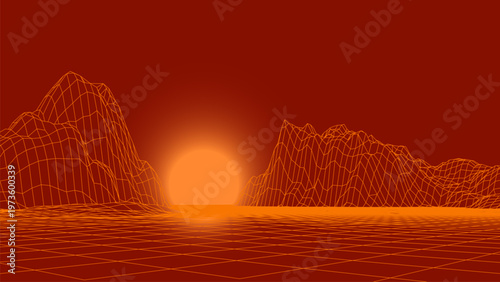An abstract futuristic 3D mountain landscape in the style of the 1980s. The vector illustration depicts mountain forms and a digital surface for the 1980s-style background. Early computer graphics.