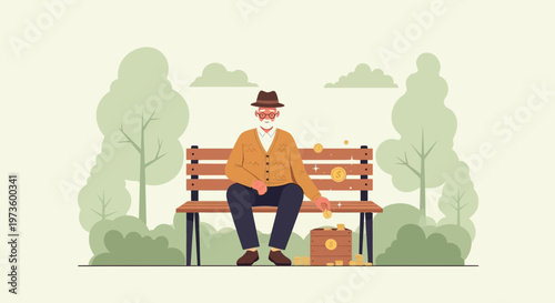 Elderly Man Sitting on Park Bench with Treasure Chest and Gold Coins