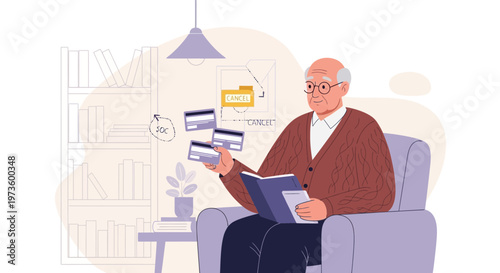 Elderly man reading book and holding credit cards, financial planning concept