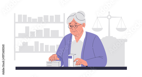 Elderly woman pharmacist dispensing medication at counter with scale and shelves