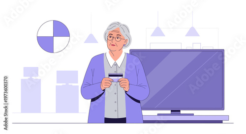 Elderly Woman Holding Credit Card Near TV, Concerned About Online Shopping or Bills