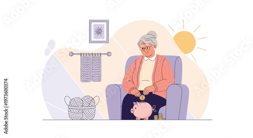 Elderly woman saving money in piggy bank, retirement planning, financial security