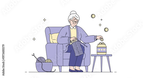 Elderly woman knitting and saving money in a piggy bank, symbolizing retirement and hobbies.