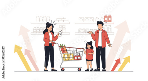 Family Shopping Cart Inflation Grocery Prices Rising Arrows Up