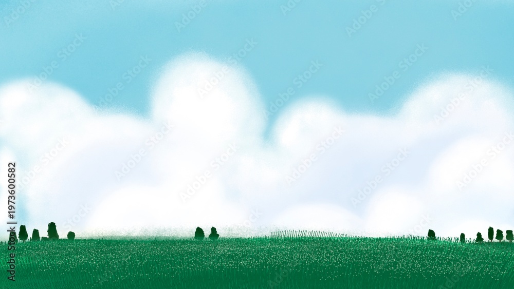 Fototapeta premium Fresh grass and cloud bank on pastel sky background