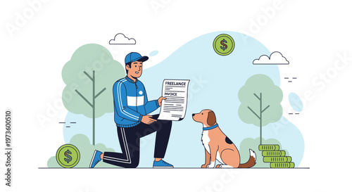 Freelancer with Dog in Park, Reviewing Contract and Earning Money