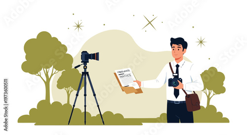 Freelance photographer holding invoice and camera in park with tripod and camera