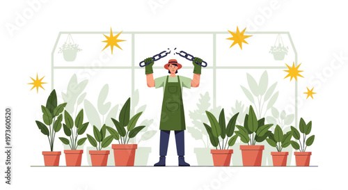 Gardener breaks chains, symbolizing freedom from restrictions in a greenhouse with plants.