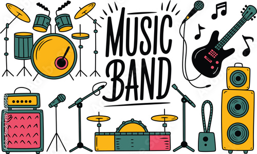 Hand-drawn doodle set of musical instruments including a drum kit, electric guitar, microphones, amplifiers, and speakers with the text music band written in a bold, black, stylized script font