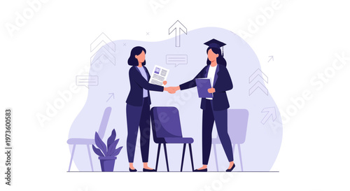 Graduation job interview, student handshake with recruiter, diploma, cap, business meeting