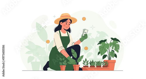Gardener woman tending plants in a greenhouse, nurturing growth and nature