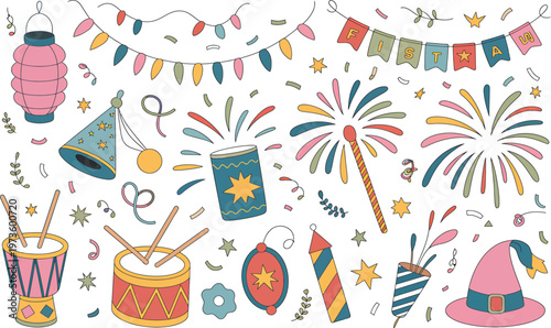 Hand-drawn festive party set including colorful paper lanterns, confetti, bunting flags, drums, sparklers, fireworks, party hats, and streamers on a white background, for celebration themes