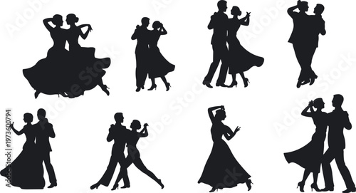 Collection of dancing couple silhouettes in elegant ballroom poses isolated on white background, men and women performing romantic dance movements