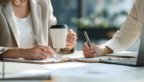 Two businesswomen collaborating on a project at a modern office desk with coffee.