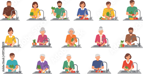 Flat vector illustration set of diverse people washing fresh vegetables and fruits in kitchen sinks for healthy lifestyle and food safety hygiene concepts