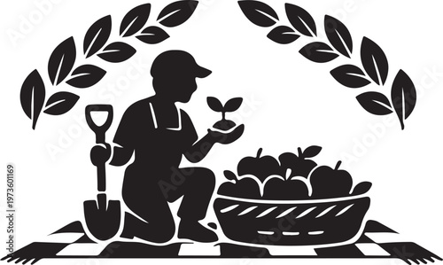 Flat basket oval filled with apple shapes and leaf accents, picnic blanket below.