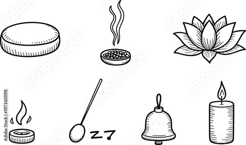 Hand-drawn set of spa and meditation featuring a stone, incense bowl with smoke, lotus flower, tea light candle, singing bowl mallet, ritual bell, and a pillar candle with a flame