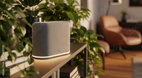 Smart Speaker on Shelf with Plants in Modern Interior Setting