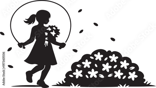 Minimal child silhouette jumping rope near blooming bush, petal dots falling.