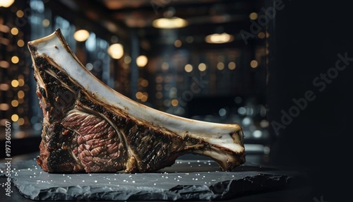 Raw Tomahawk Steak on Slate, Dark Moody Setting