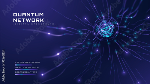 Abstract blue digital quantum network background. Futuristic technology system showing dynamic purple neon node connection.